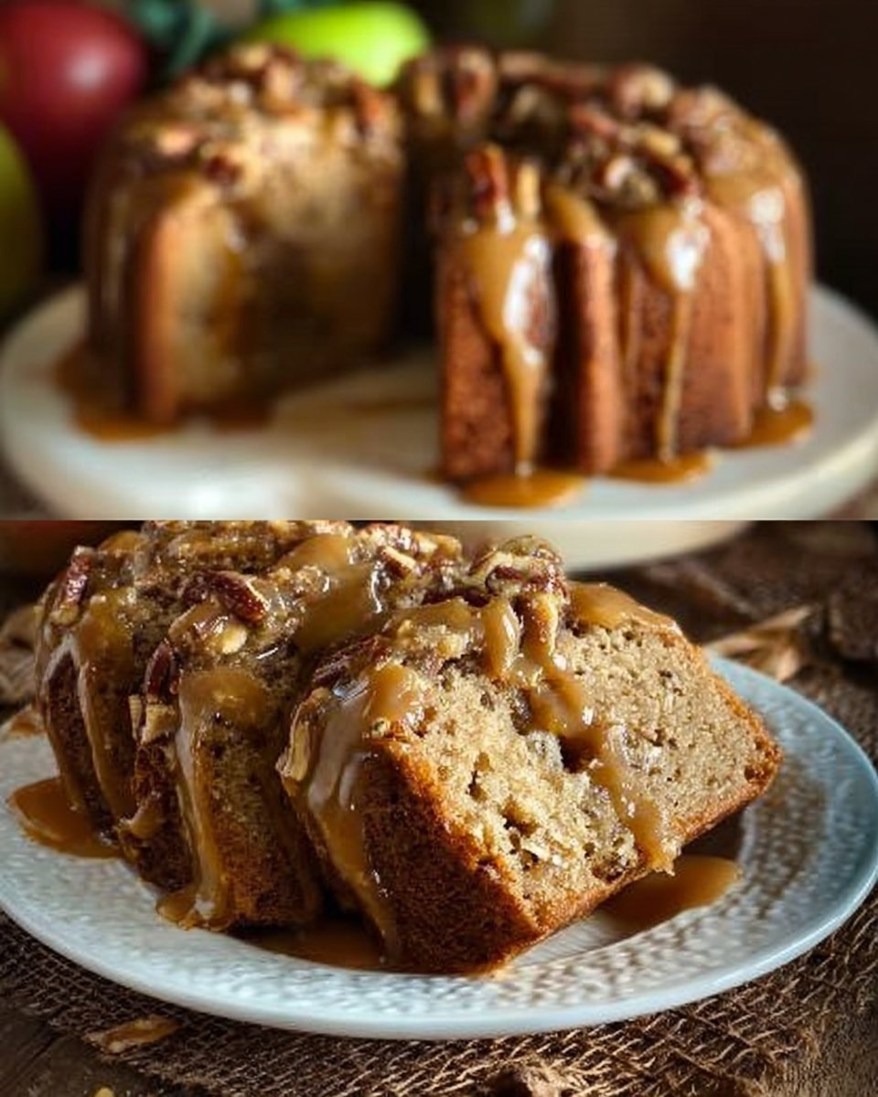 Apple Pecan Cake with Caramel Glaze