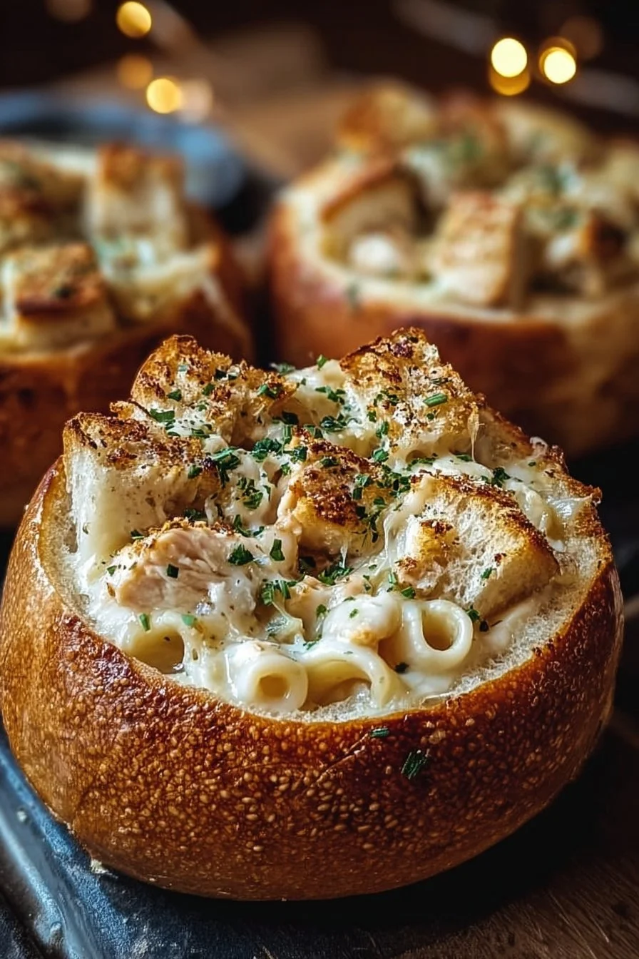 Chicken Alfredo Garlic Bread Bowls