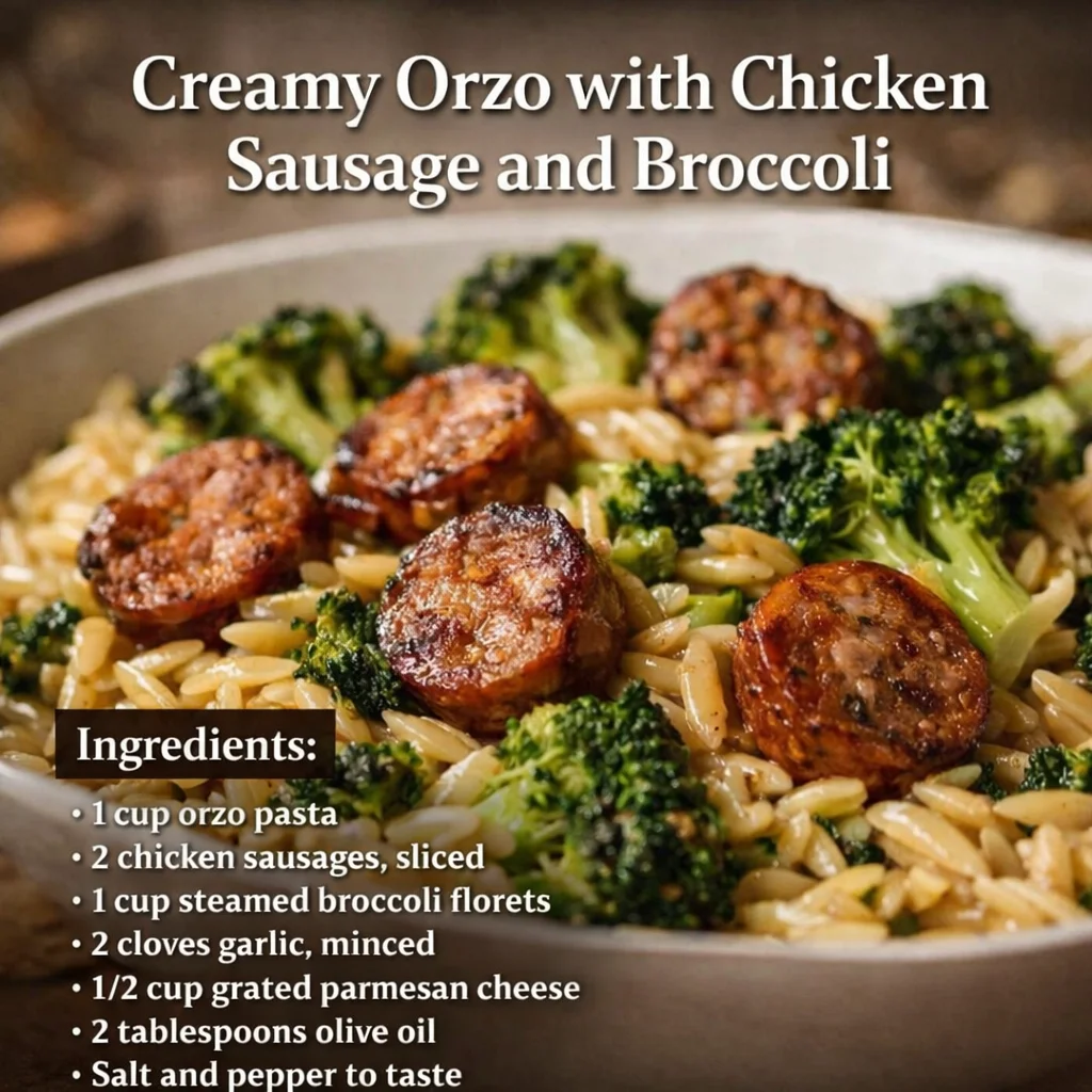 Creamy orzo with chicken sausage and broccoli served in a bowl