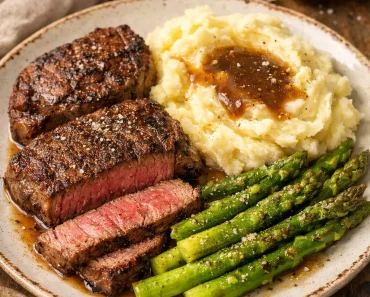 Easy Gourmet Steak with Mashed Potatoes and Asparagus