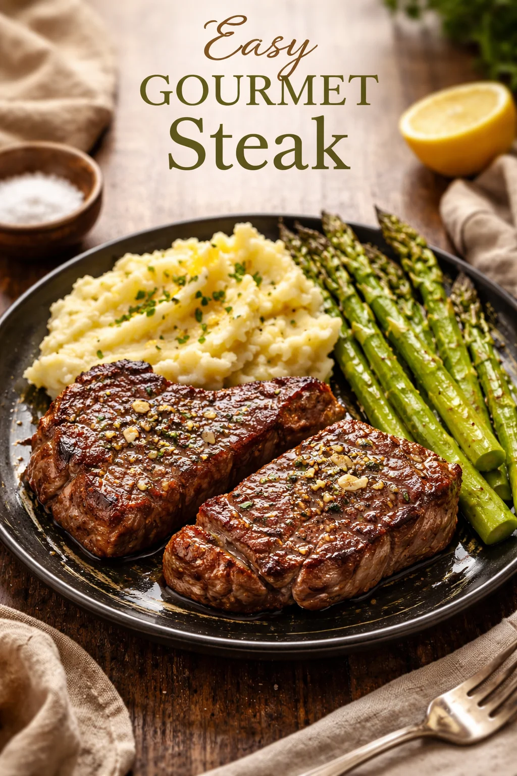 Easy Gourmet Steak with Mashed Potatoes and Asparagus