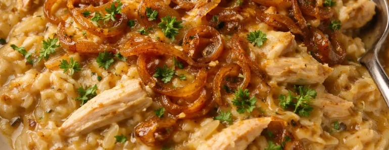 French Onion Chicken Orzo Casserole