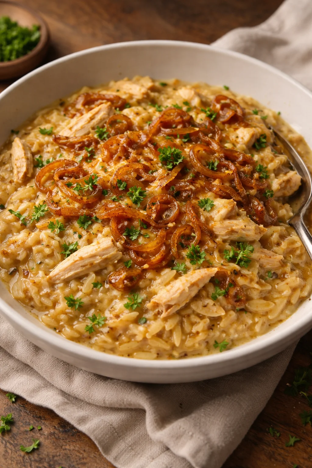 French Onion Chicken Orzo Casserole