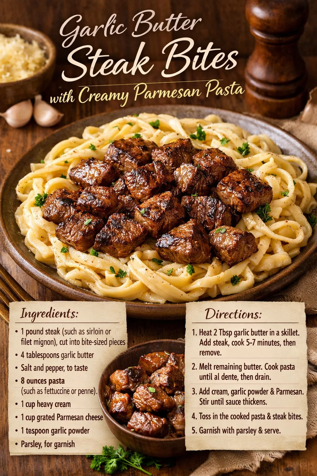 Garlic Butter Steak Bites with Creamy Parmesan Pasta