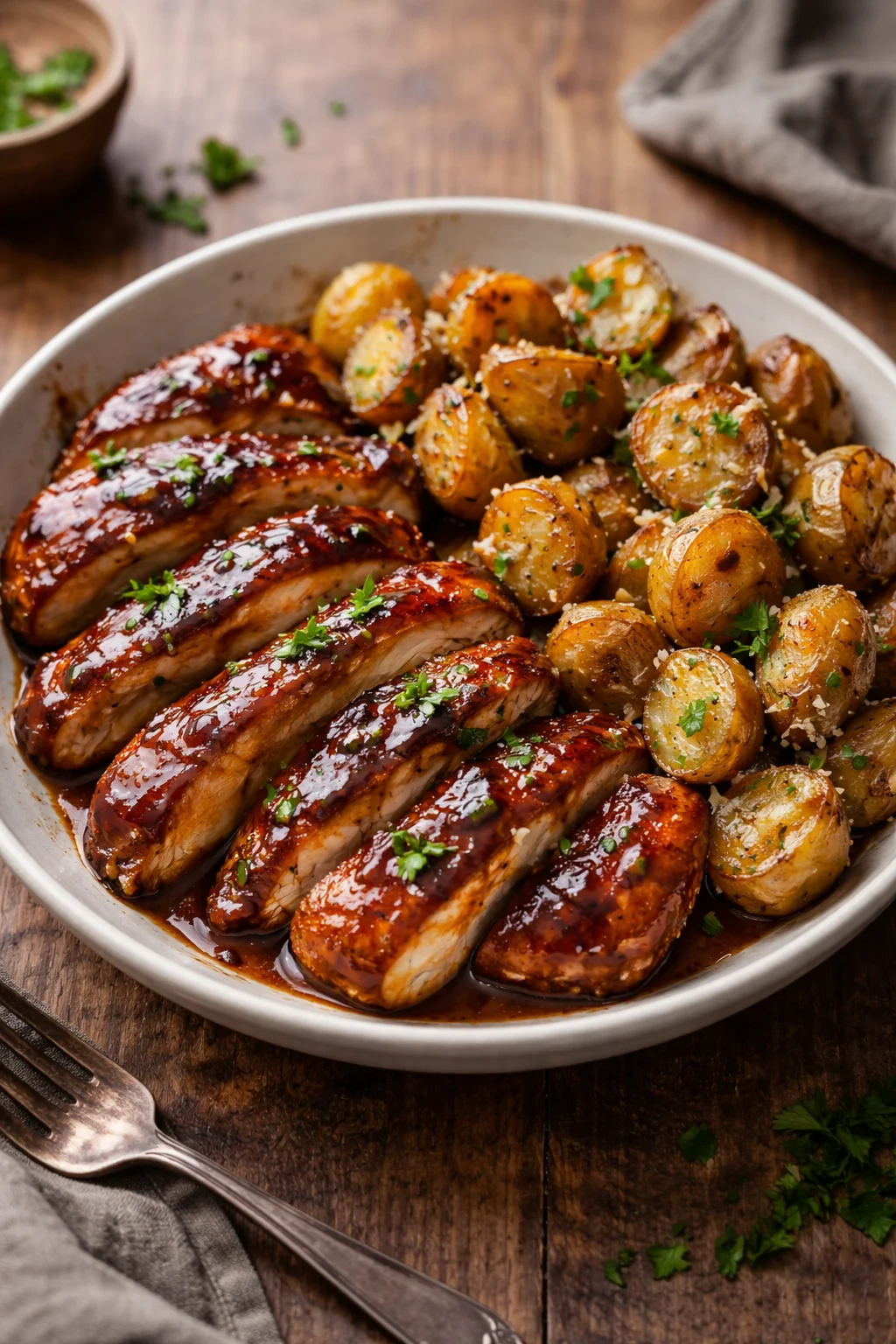 Honey BBQ Chicken with Garlic Parmesan Potatoes