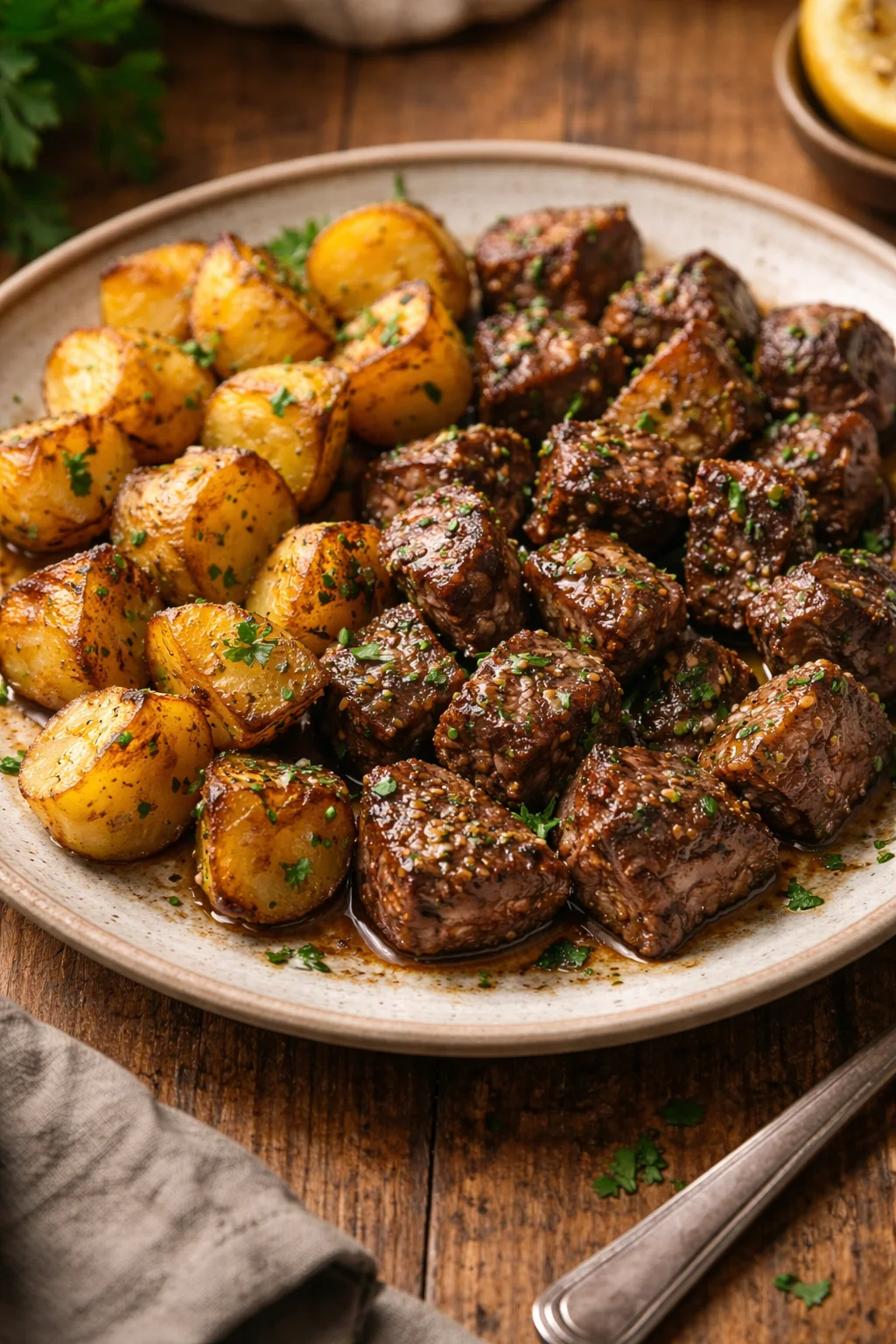 Garlic Butter Steak Bites & Potatoes