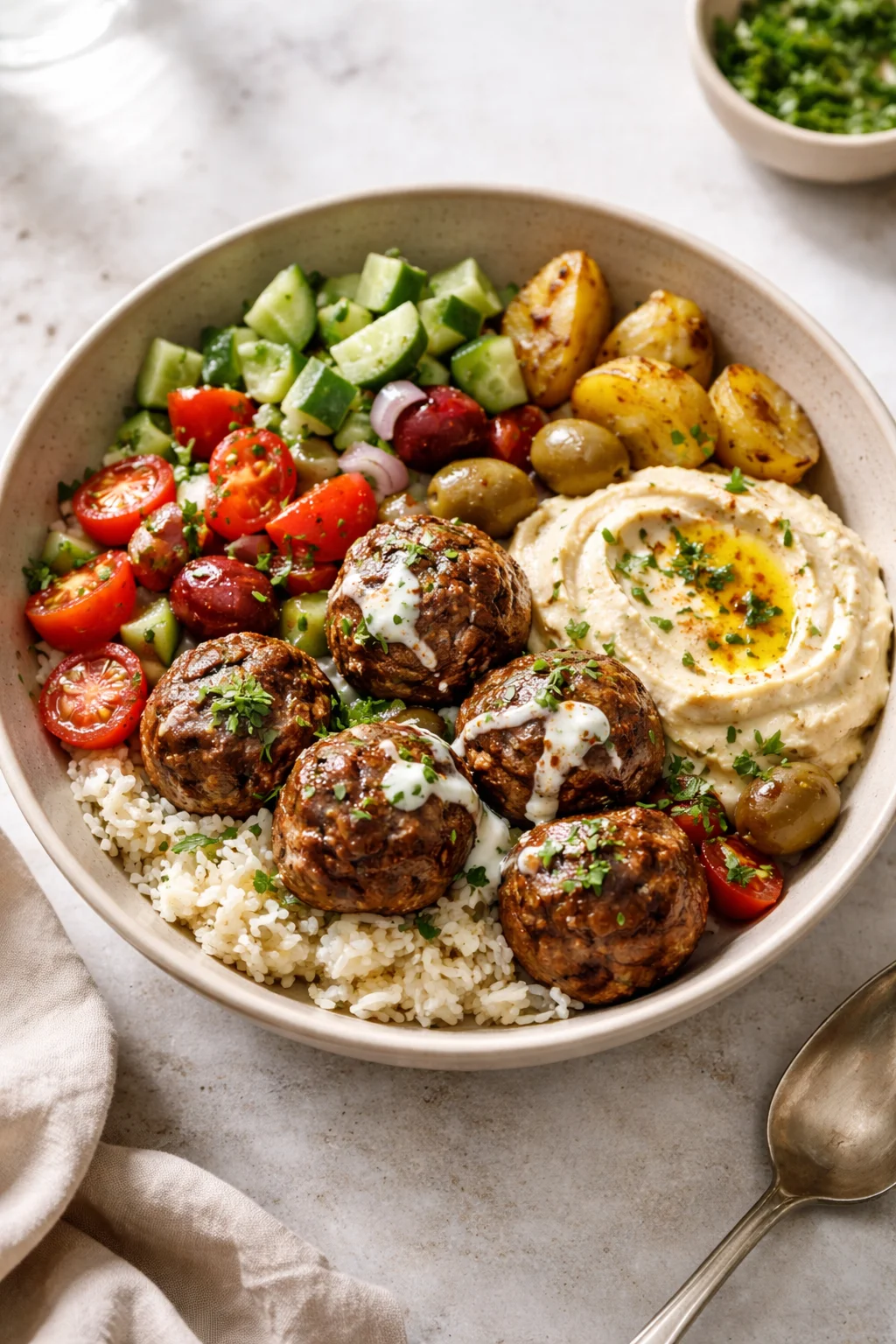 Mediterranean Beef Meatballs Bowl