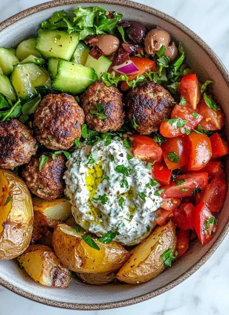 Mediterranean Beef Meatballs Bowl