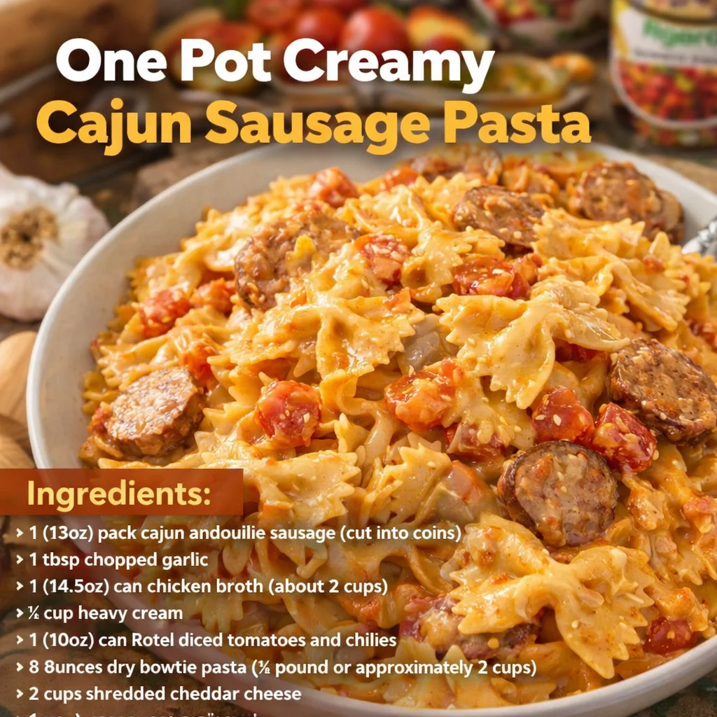 One Pot Creamy Cajun Sausage Pasta served in a bowl with herbs and seasonings.