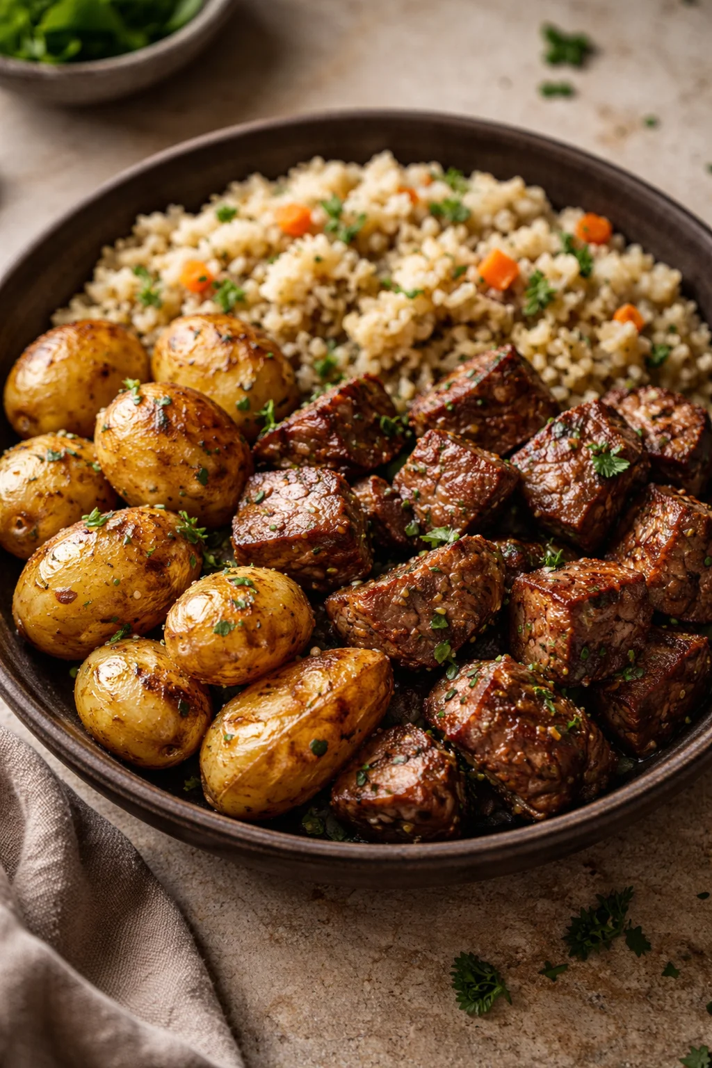 Slow Cooker Garlic Butter Steak Bites & Potatoes