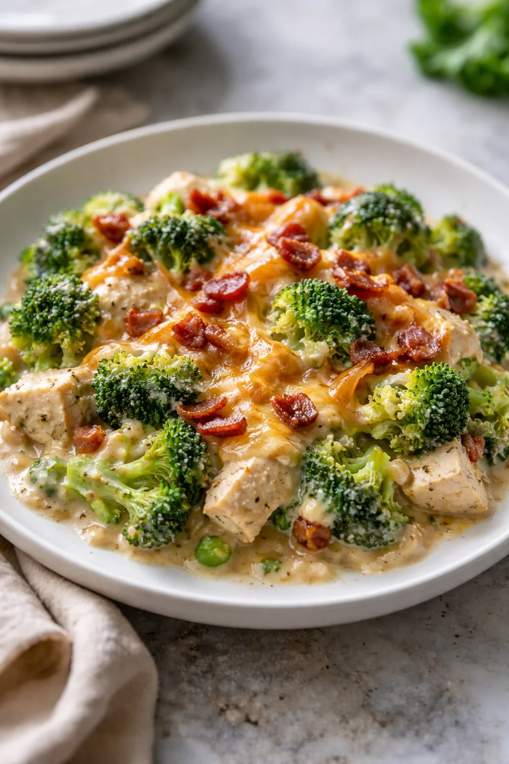 Creamy Low Carb Chicken Casserole with Broccoli and Bacon