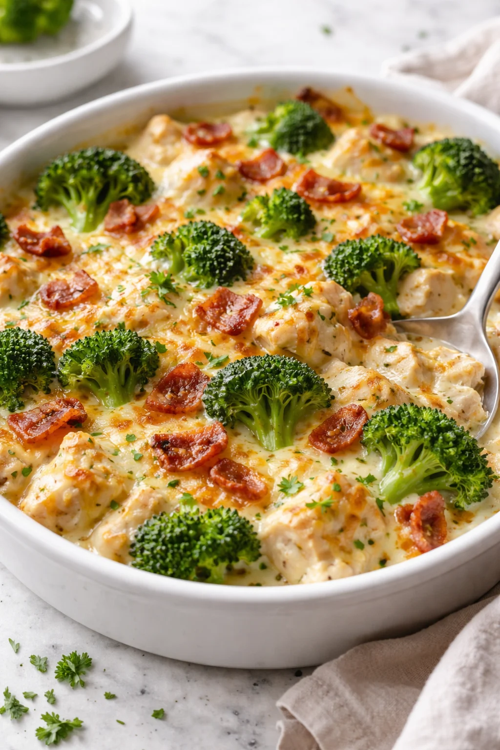 Creamy Low Carb Chicken Casserole with Broccoli and Bacon