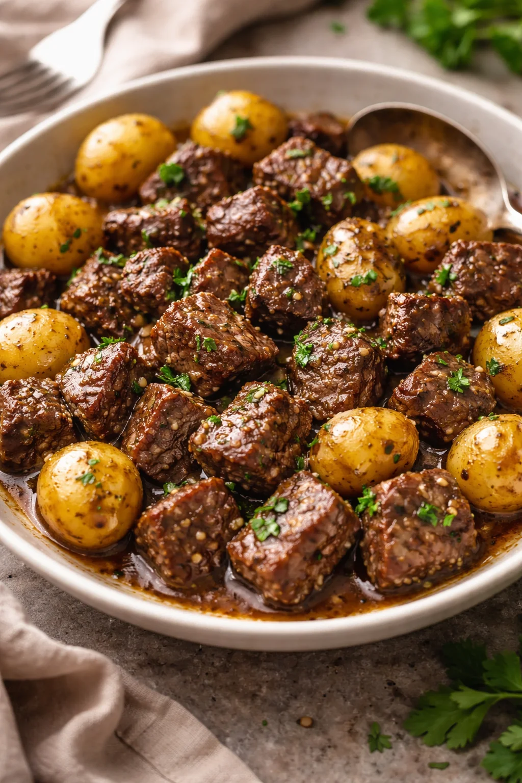 Garlic Butter Beef Bites with Potatoes