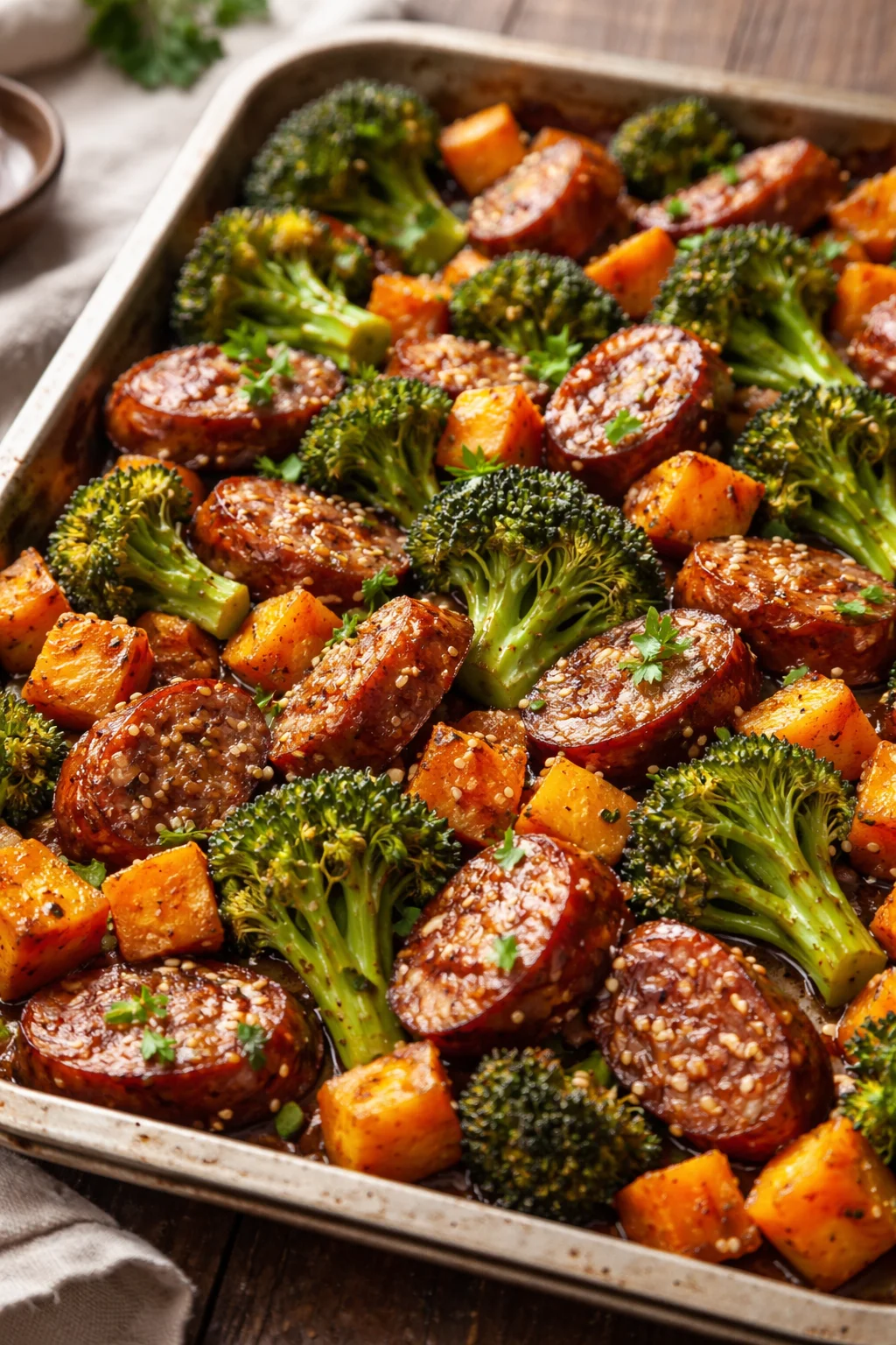 Honey Garlic Sausage and Sweet Potato Sheet Pan Dinner