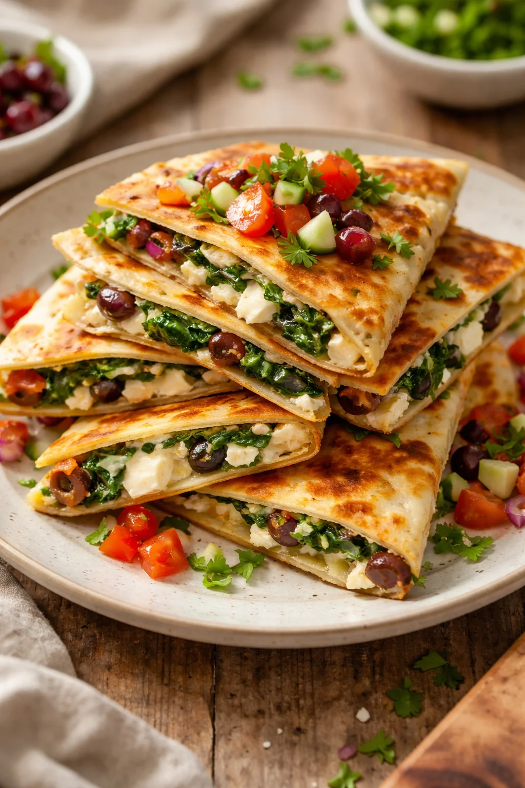 Mediterranean Quesadillas with Spinach, Feta, Mozzarella, and Red Onion