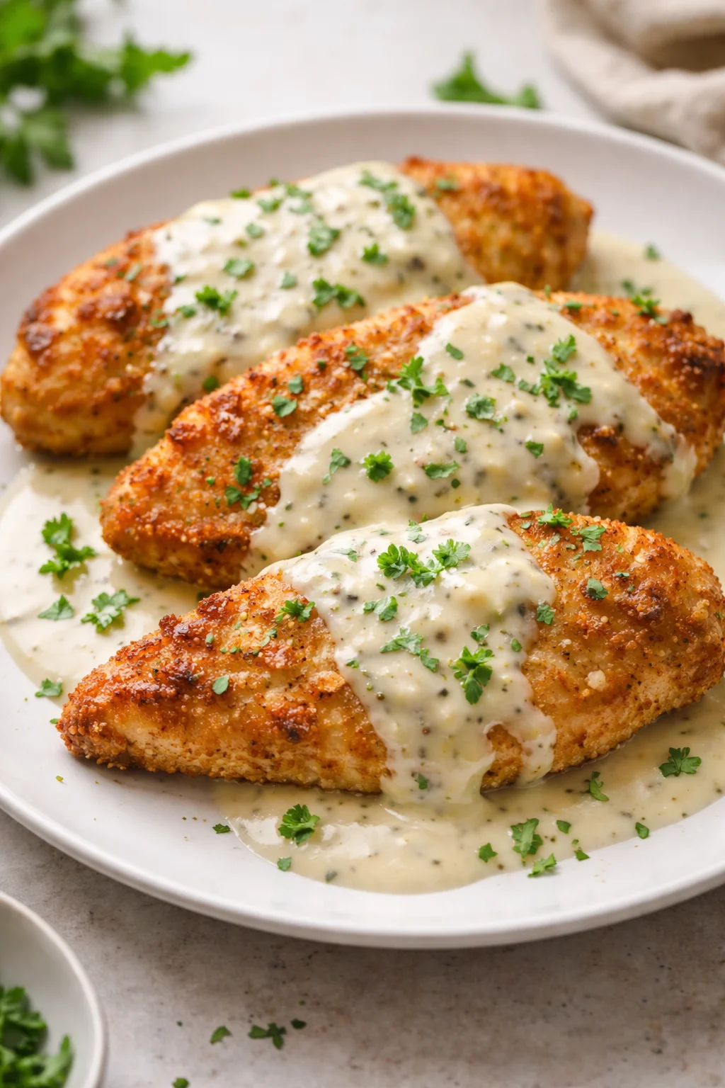 Parmesan Crusted Chicken with Creamy Garlic Sauce – Easy Family Dinner Recipe