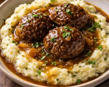 Salisbury Steak Meatballs with Creamy Garlic Herb Mashed Potatoes
