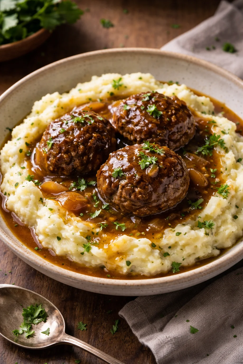 Salisbury Steak Meatballs with Garlic Herb Mashed Potatoes