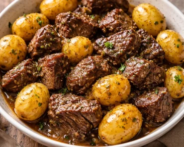 Slow Cooker Garlic Butter Beef Bites and Potatoes
