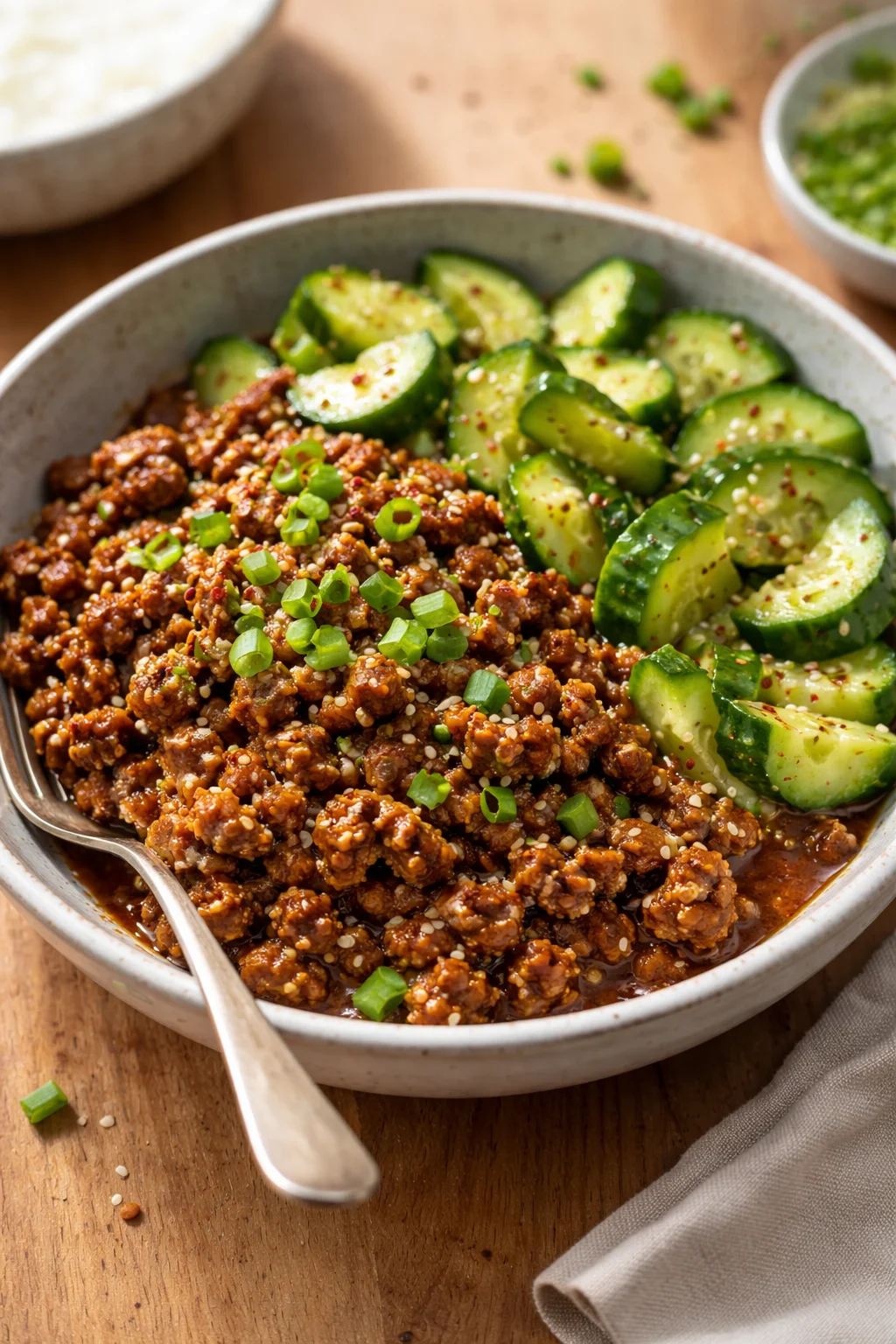 Spicy Keto Korean Ground Beef with Cucumber Salad