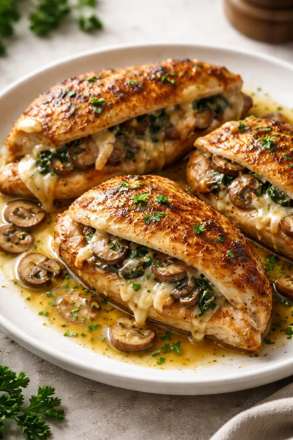Cheesy Garlic Butter Mushroom Stuffed Chicken