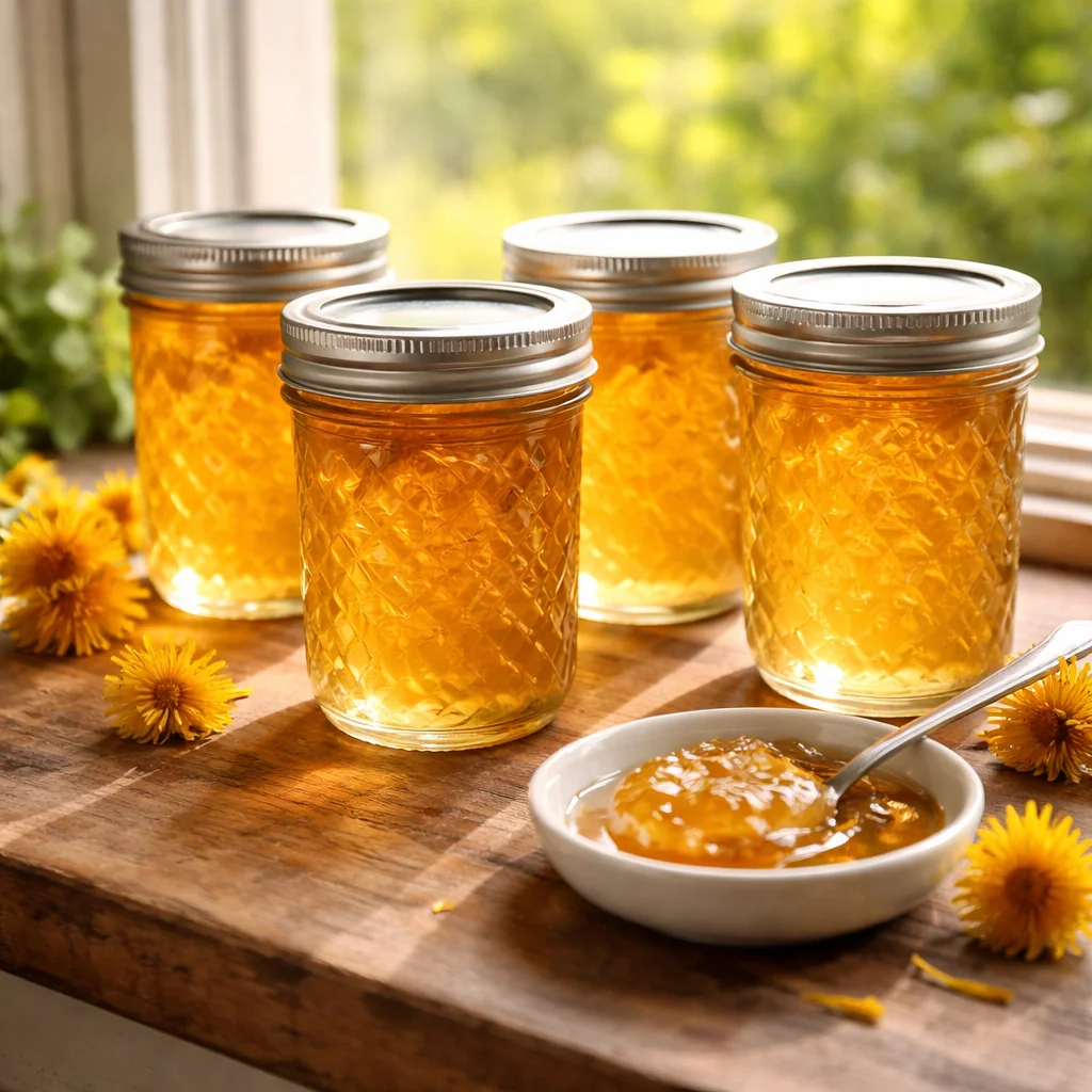 Homemade dandelion jelly in a jar with dandelion flowers