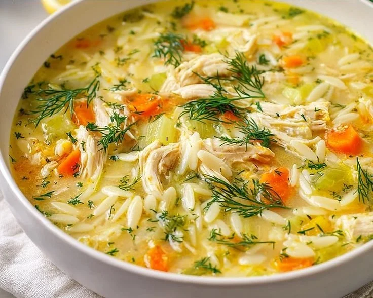 Bowl of Greek Lemon Chicken Soup garnished with herbs and lemon slices