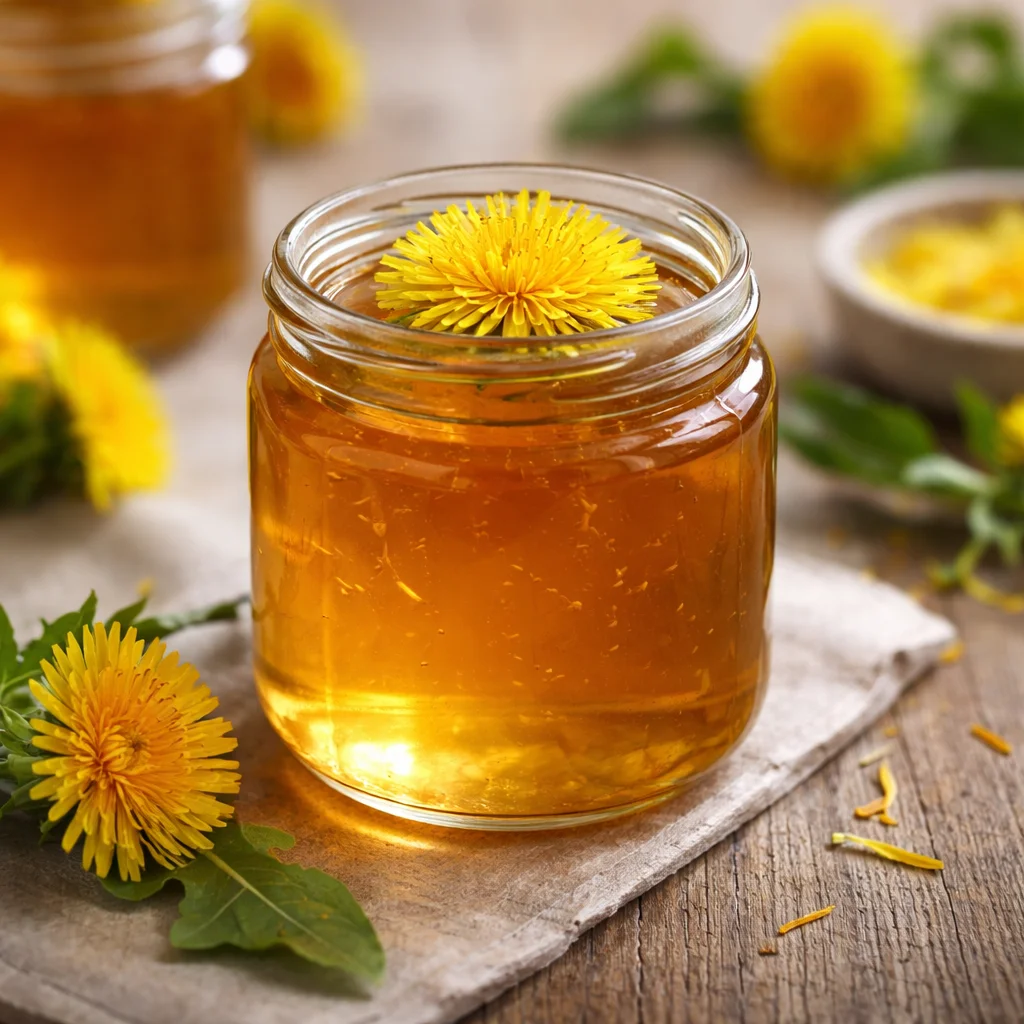 Homemade dandelion jelly in a jar with blooming dandelions in the background.