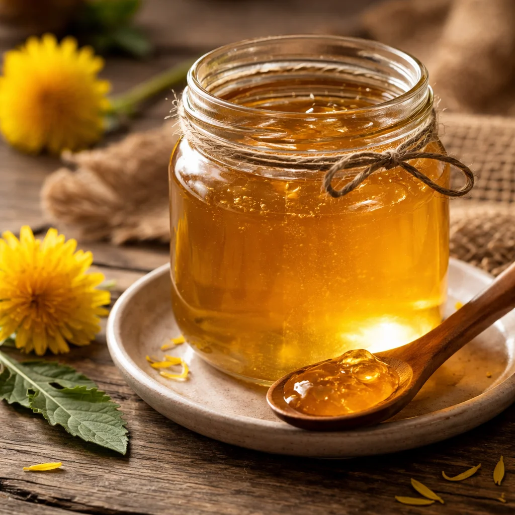 Homemade dandelion jelly served in a jar with dandelion flowers