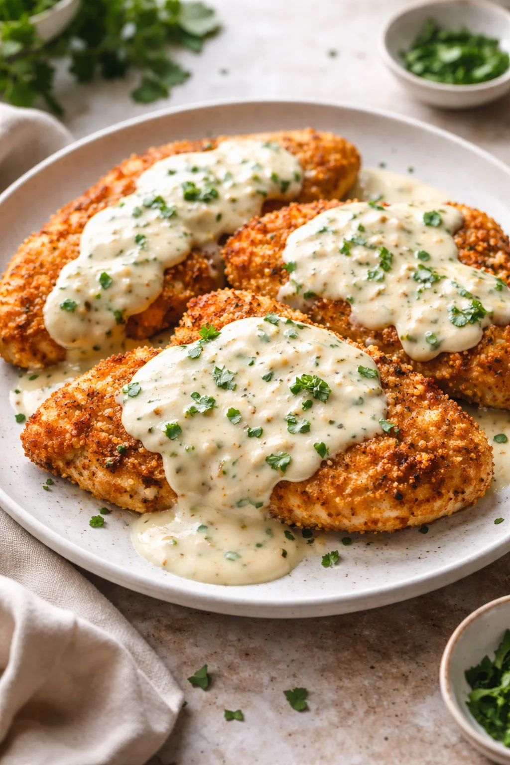 Parmesan Crusted Chicken with Creamy Garlic Sauce – Easy Family Dinner Recipe