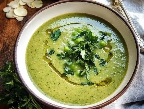 A bowl of vibrant spring pea soup garnished with fresh herbs and vibrant colors.