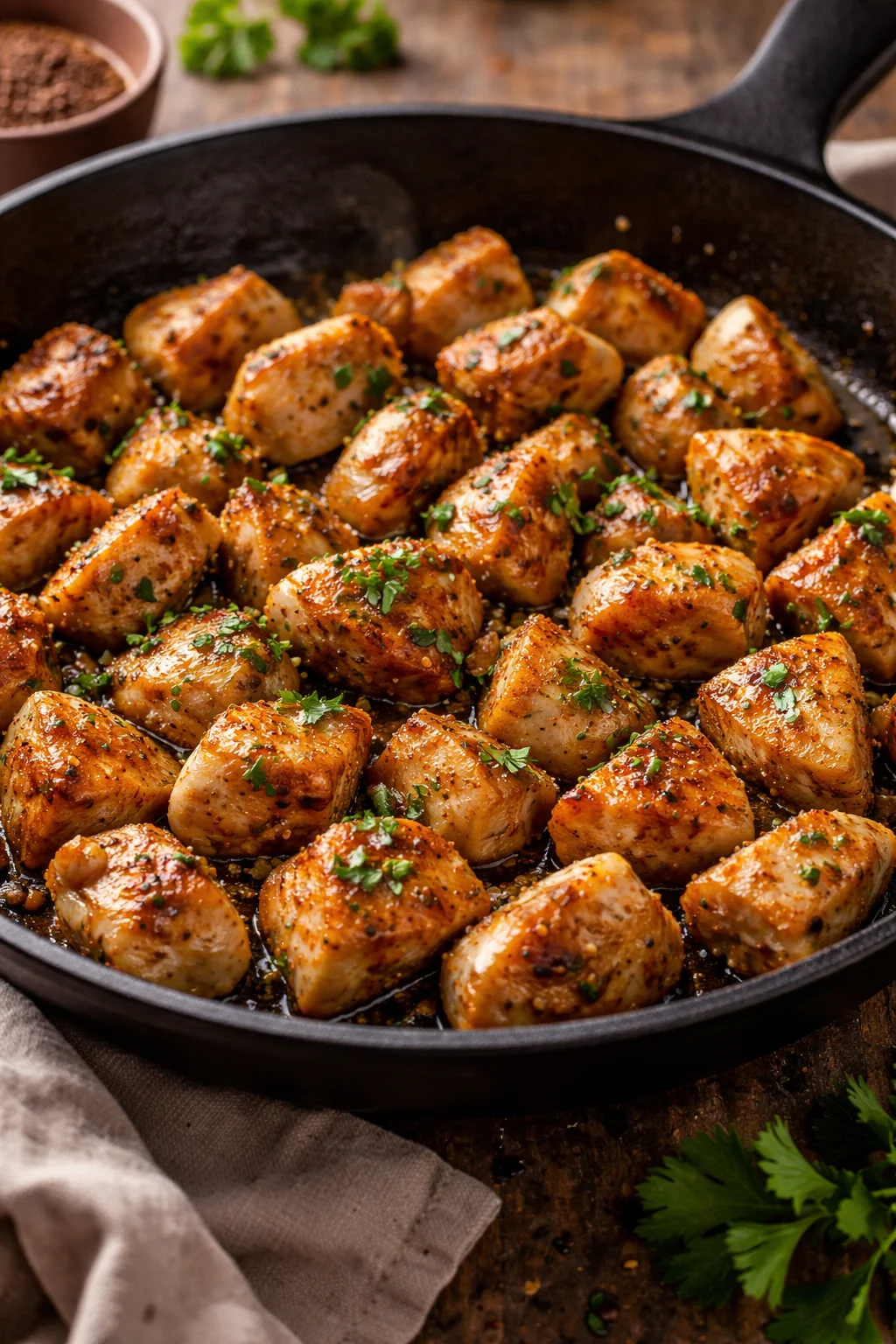 These bite-size succulent chicken breast morsels are seasoned, seared to perfection, and ba… | Chicken breast recipes, Chicken bites recipes, Chicken breast dinners
