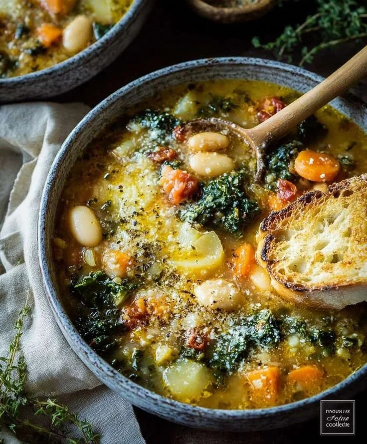 Bowl of Tuscan Ribollita soup with fresh vegetables and bread