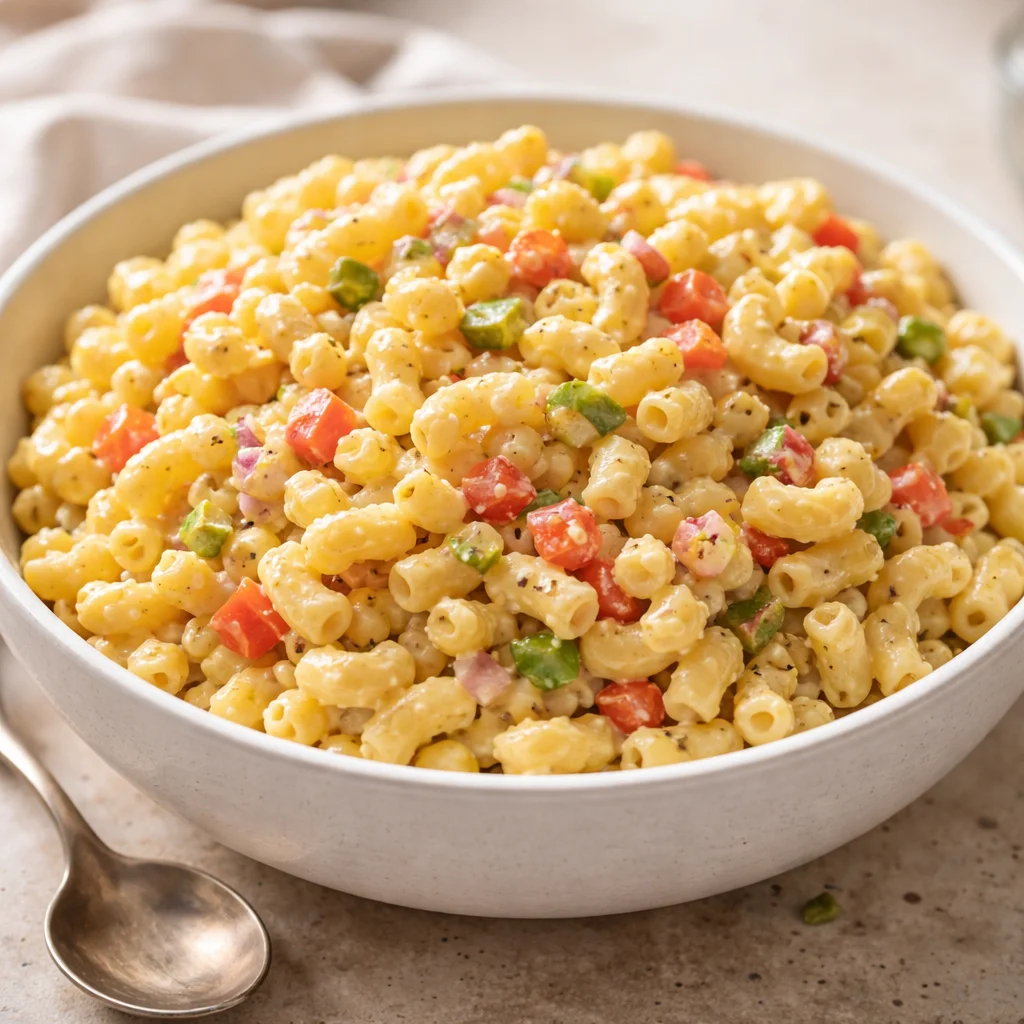 Delicious bowl of the best macaroni salad with fresh vegetables and dressing