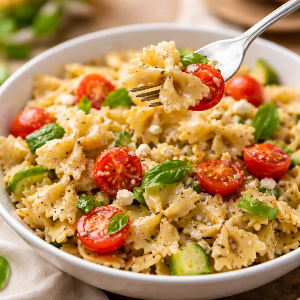 Colorful Bow Tie Pasta Salad with fresh vegetables and dressing