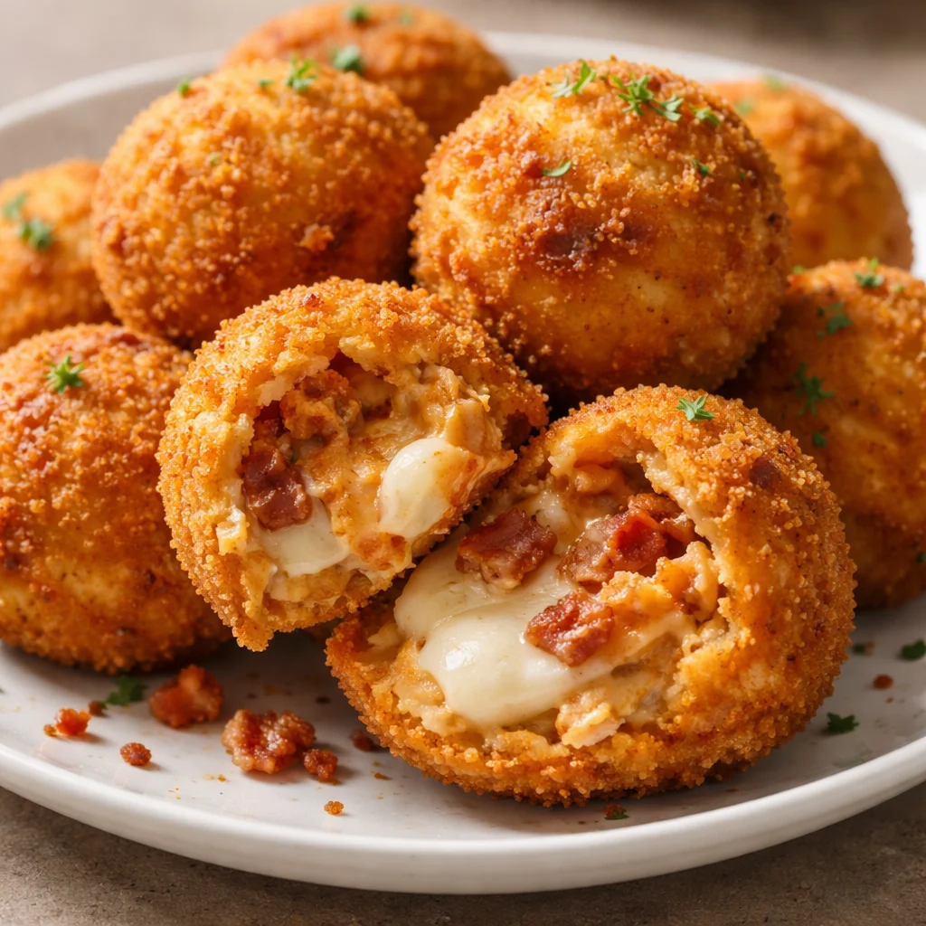Buffalo Chicken Bacon Mozzarella Bombs appetizer served on a plate