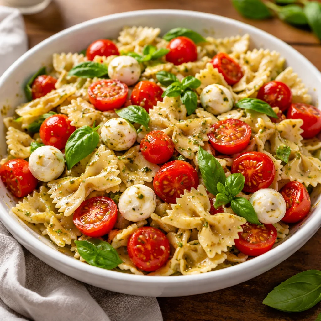 A delicious bowl of Caprese Pasta Salad with tomatoes, mozzarella, and fresh basil.