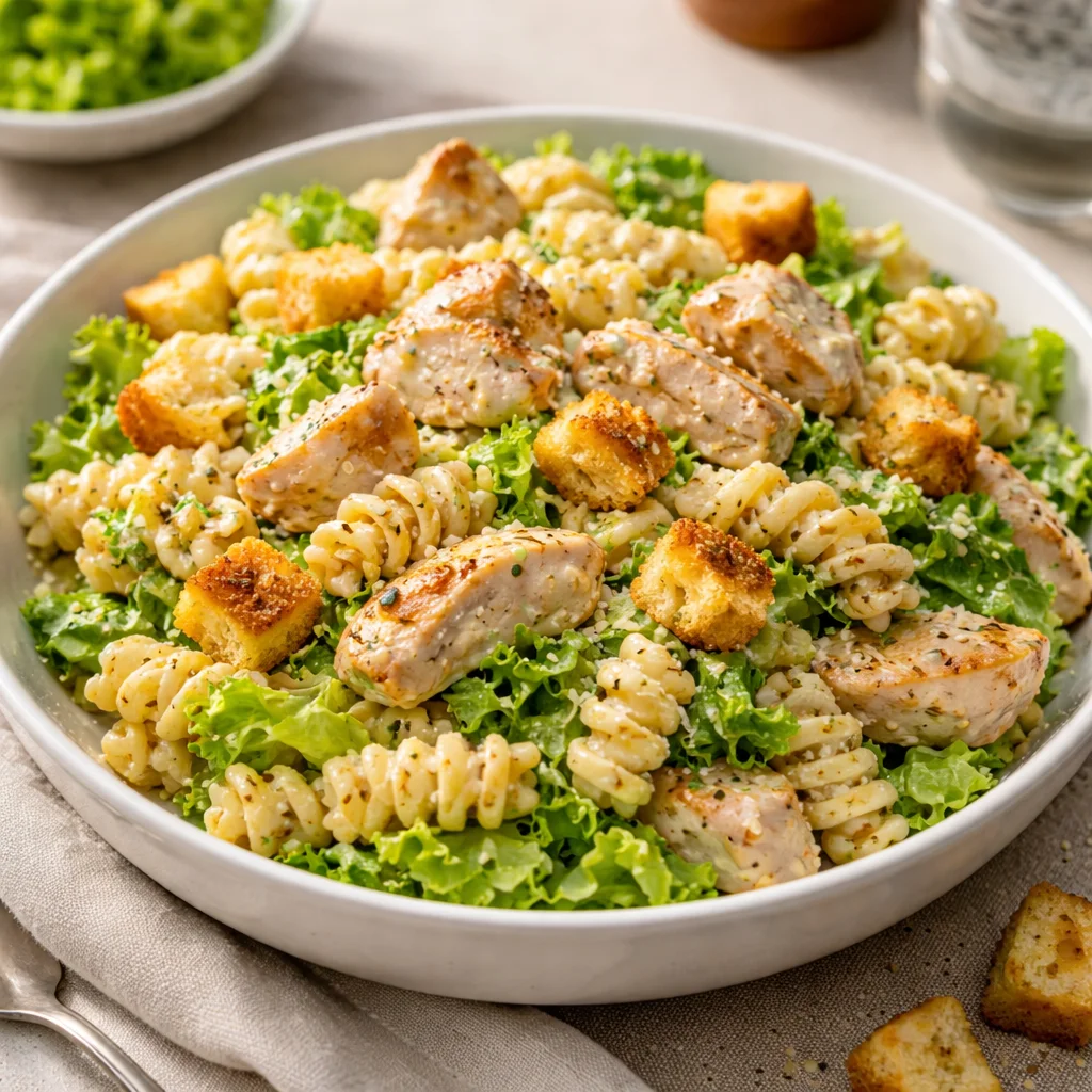 Delicious creamy chicken pasta with herbs and vegetables in a bowl
