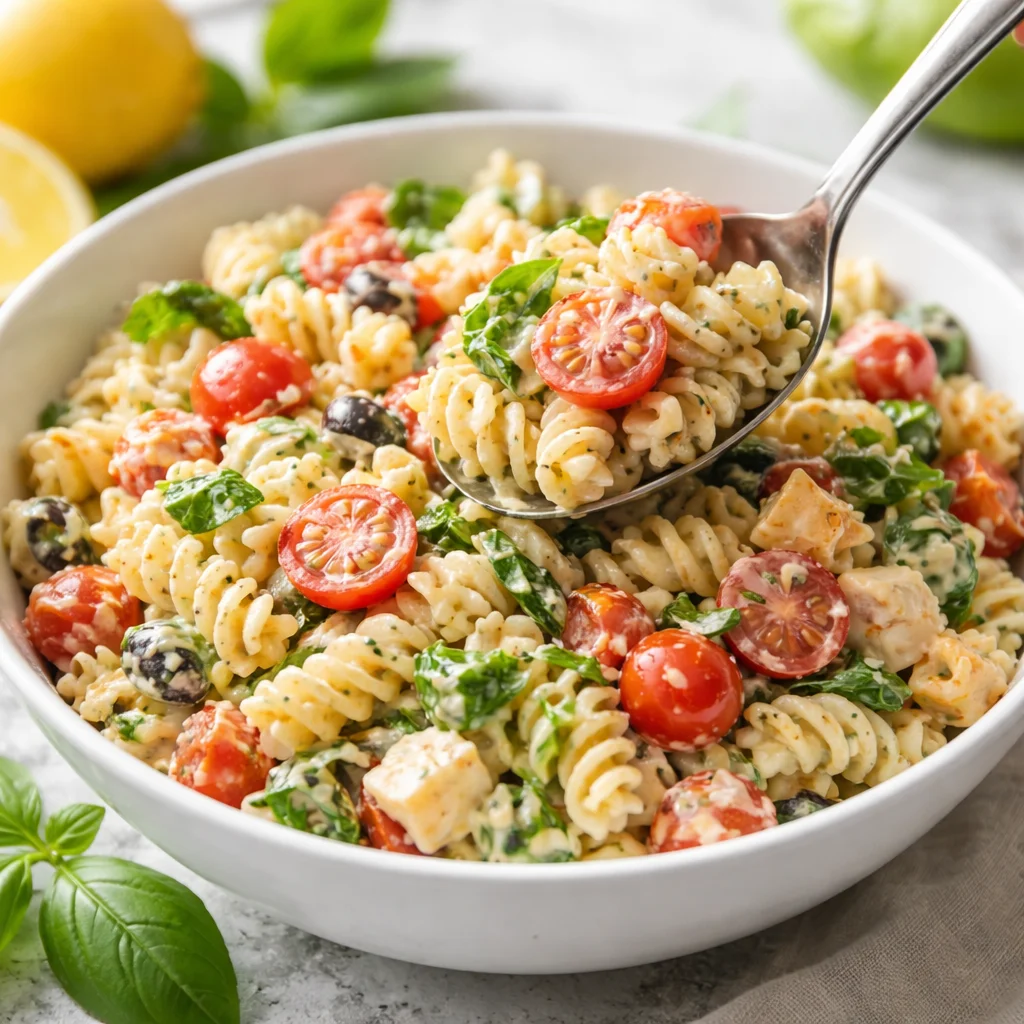 Delicious creamy Italian pasta salad with fresh vegetables and herbs