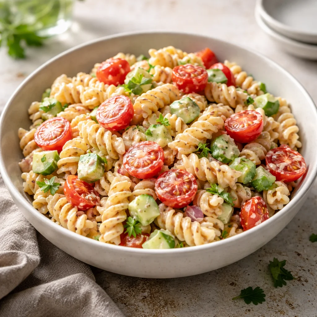 Creamy pasta salad in a bowl garnished with fresh vegetables.