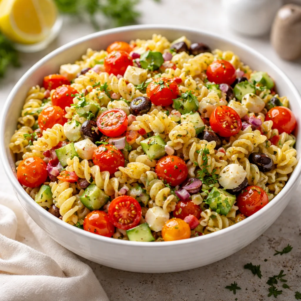 Delicious bowl of Easy Classic Pasta Salad with fresh vegetables and dressing