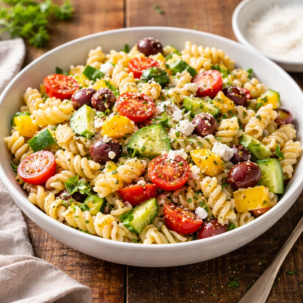 Bowl of Greek Pasta Salad with feta, olives, and cherry tomatoes