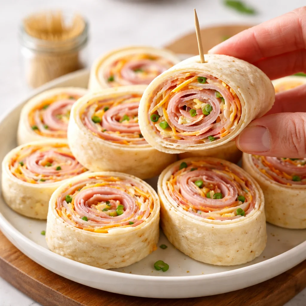 Delicious homemade ham and cheese pinwheels served on a platter