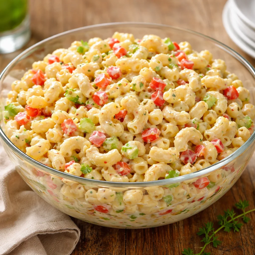 Colorful and fresh pasta salad with vegetables and dressing in a bowl.