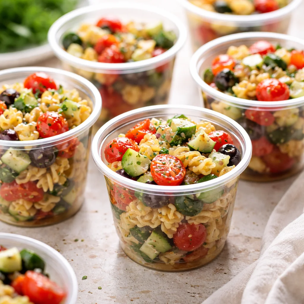 Colorful pasta salad cups filled with fresh ingredients and vibrant dressing