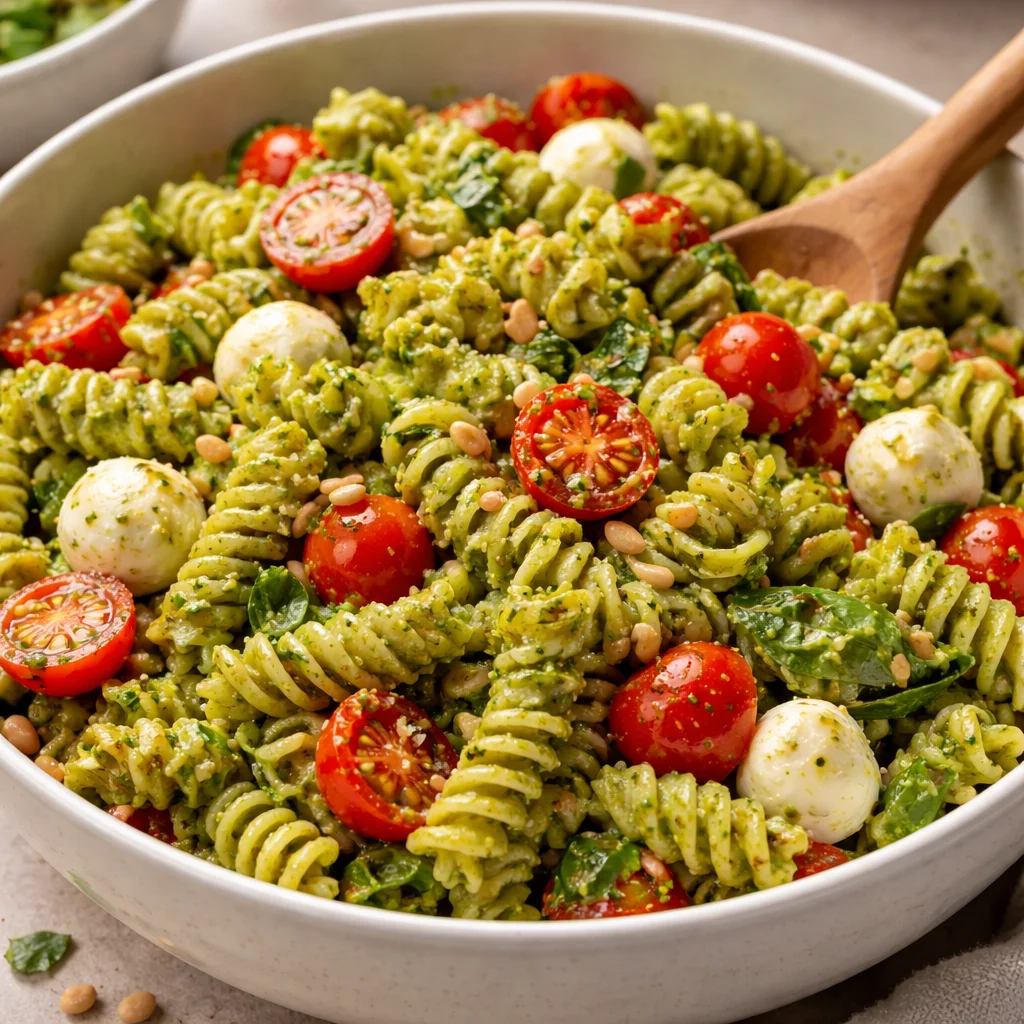Pesto Pasta Salad with Cherry Tomatoes, Fresh Mozzarella, and Basil Recipe
