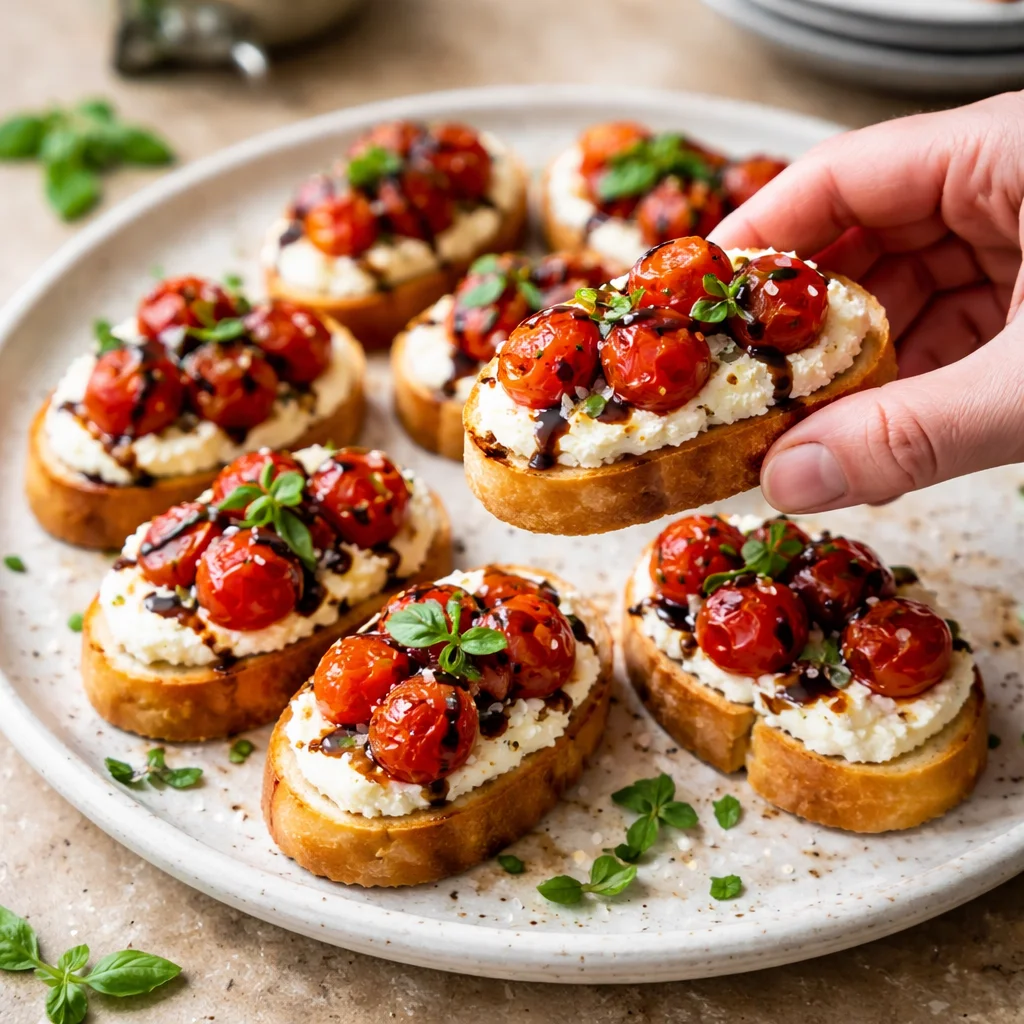 Delicious ricotta crostini topped with fresh roasted tomatoes