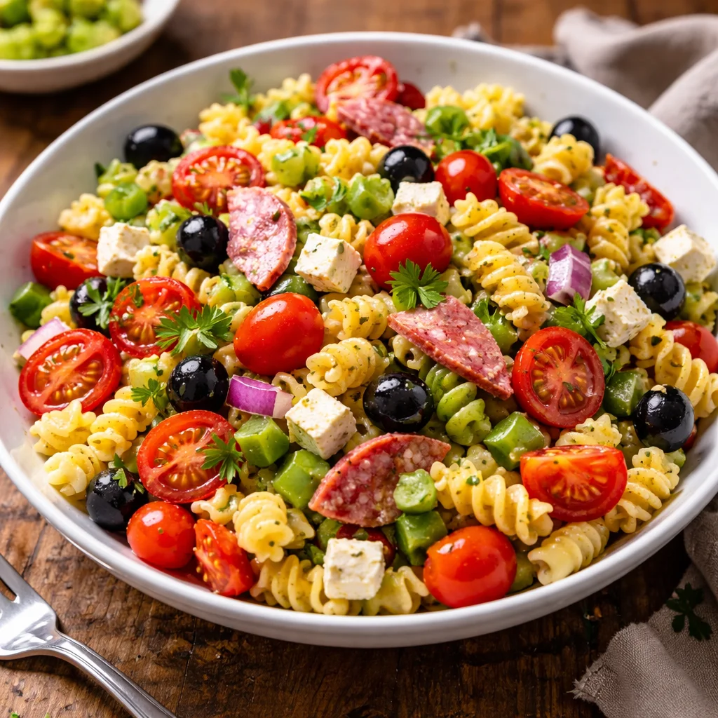 Colorful Simple Italian Pasta Salad with fresh vegetables and dressing