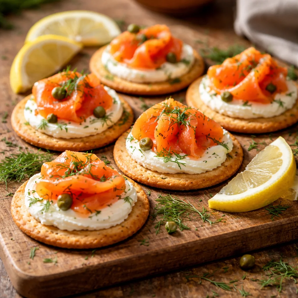 Smoked salmon and cream cheese canapés garnished on a platter.