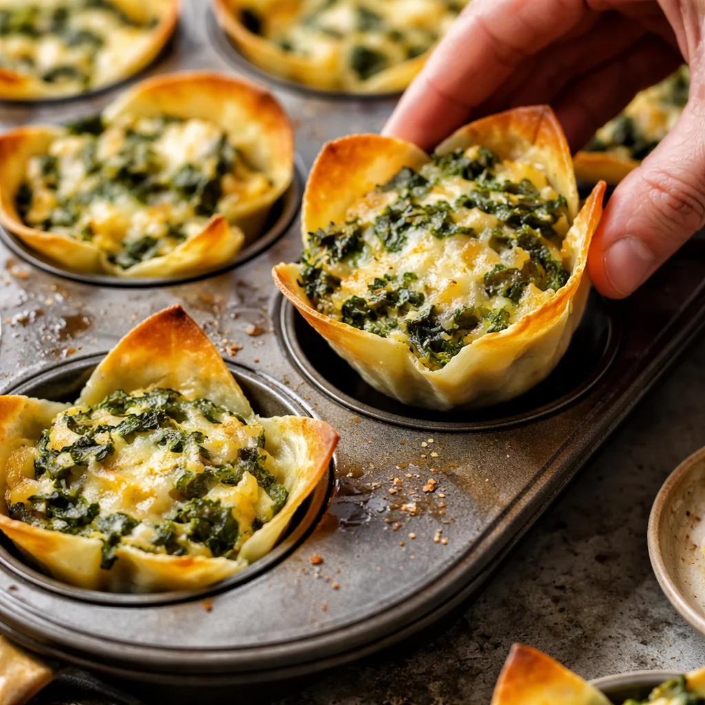 Spinach and artichoke wonton cups served as appetizers